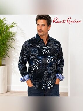 Robert Graham XL Blue Black Mosaic Geometric Button Shirt Long Sleeve Designer